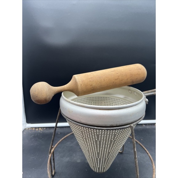 Vintage Aluminum Sieve Strainer 1970s w/ Stand and Wood Masher - Wood Canning - Picture 3 of 10